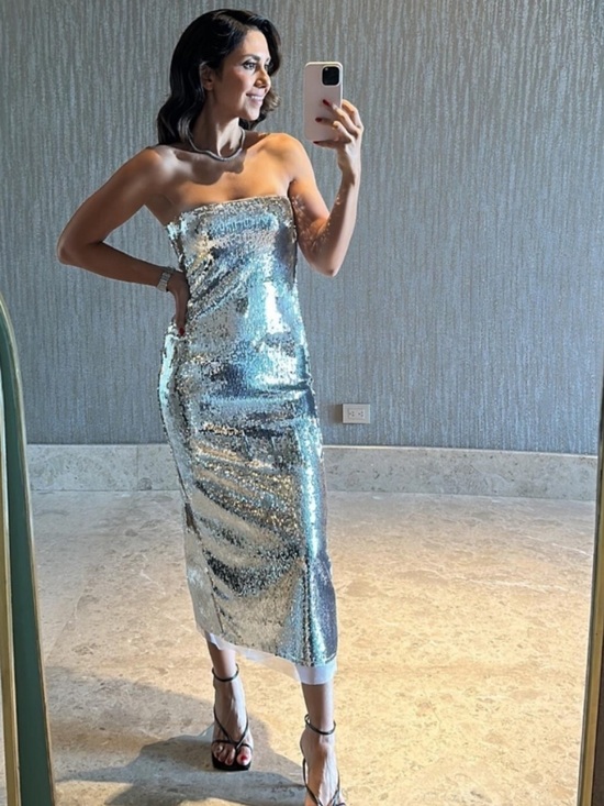 Zara Dresses & Skirts - Zara Strapless Silver Metallic Sequin Midi Tube Dress Size Small